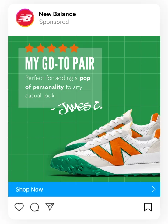 New Balance catalog ad with star review overlay